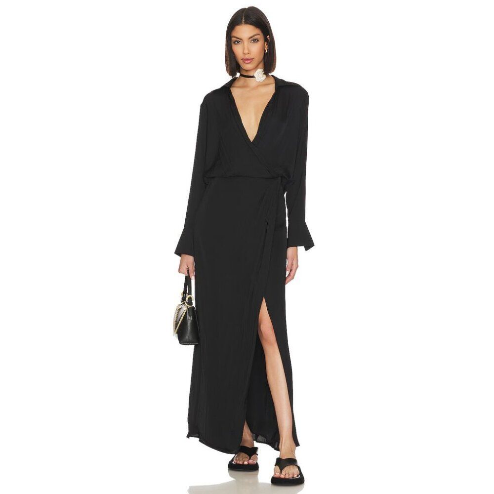 Free People x REVOLVE Aida Surplice Sateen Slit Maxi Dress Black Size 12 NWT